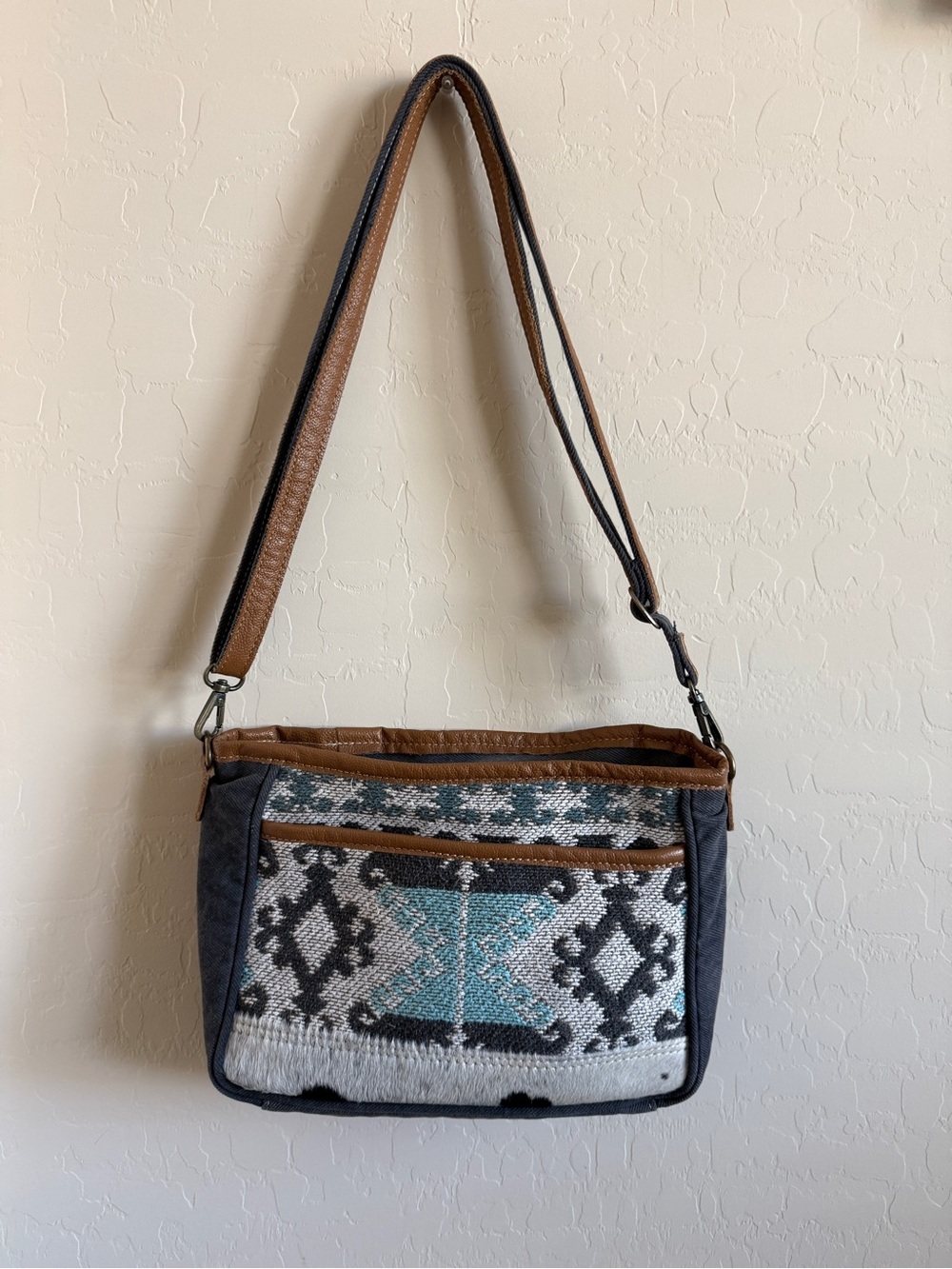 Myra Bag Boho Brown Leather Turquoise  Tapestry Geometric Leather Cow Crossbody